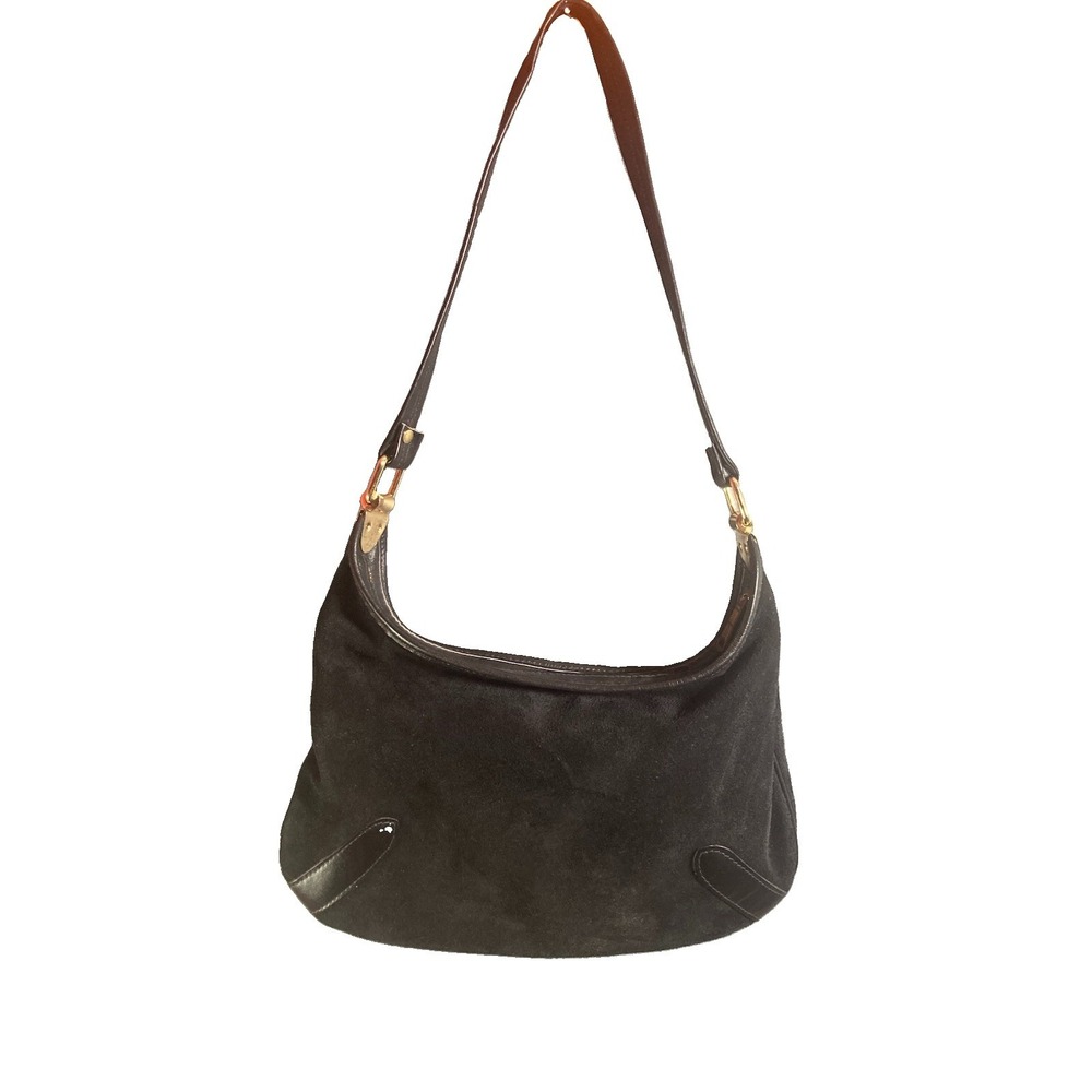 Vtg Letisse Black Suede Hobo Shoulder Bag Gold Tone Hardware Leather Trim Purse